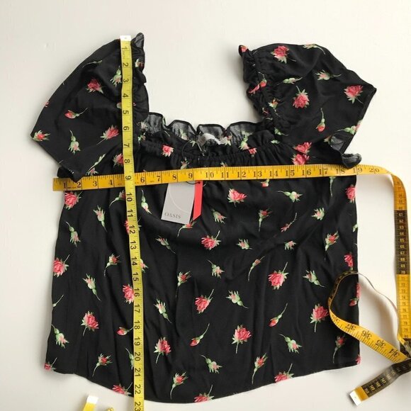 OASIS NWT Rose/Black Print short sleeve elastic ruffled neck viscose breathes 12 - Picture 15 of 16